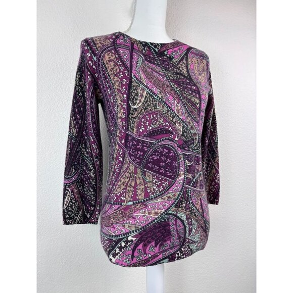 Talbots women's small 3/4 sleeve purple patterned 100% cashmere knit sweater top - Picture 2 of 8